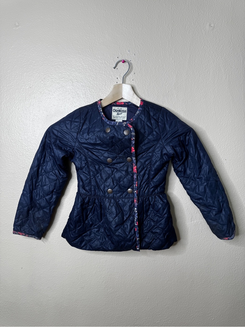 OshKosh B’gosh Girls Size 7 Navy Quilted Peplum Jacket Floral Trim Snap Front